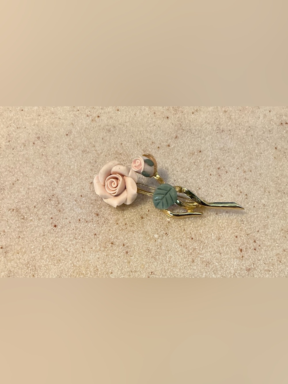 Delicate Pink Rose and Green Leaf Gold-Tone Brooch